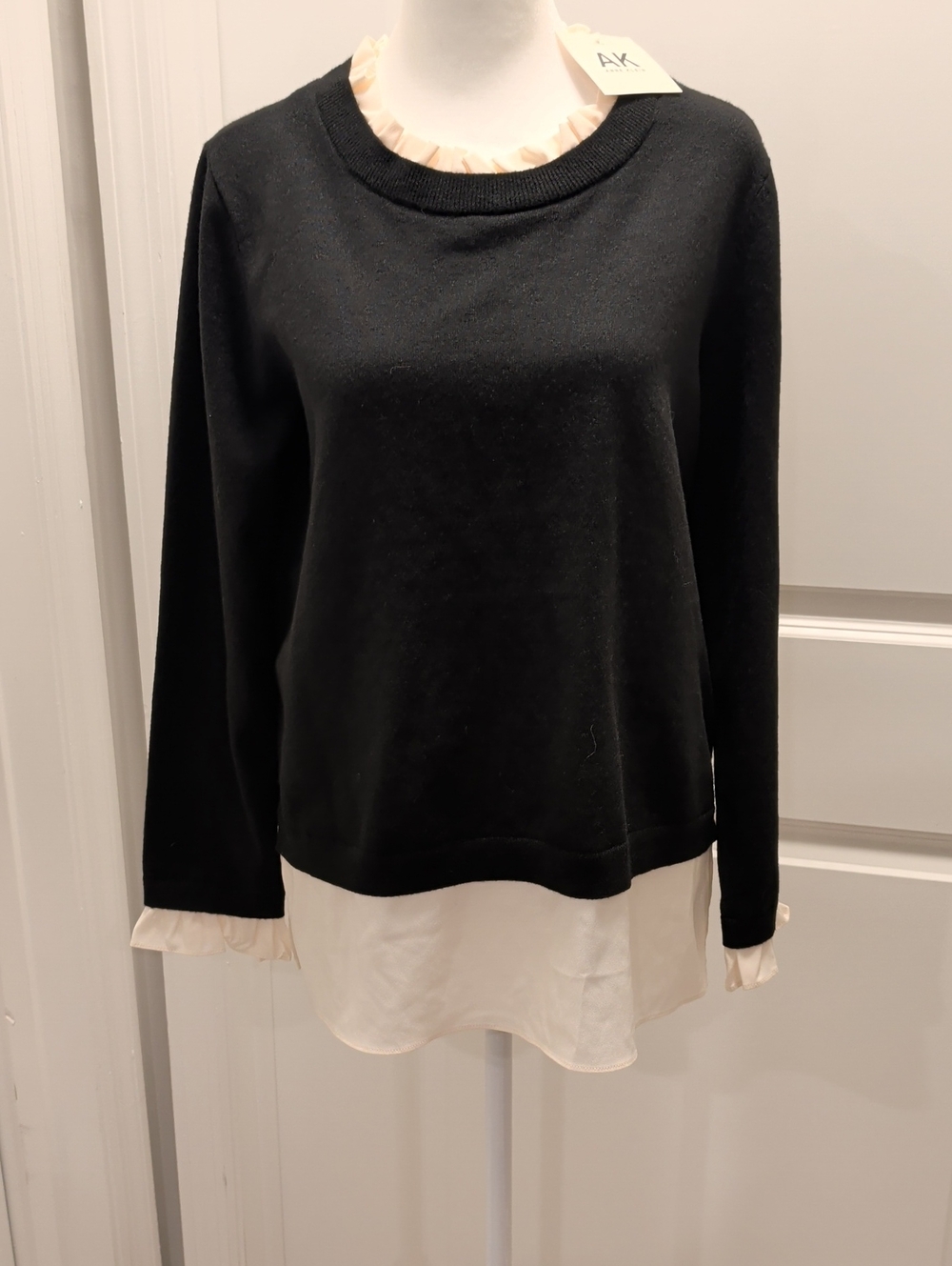 Anne Klein $99 NWT Size Medium Black Layered-Look Sweater with Cream Ruffle Trim